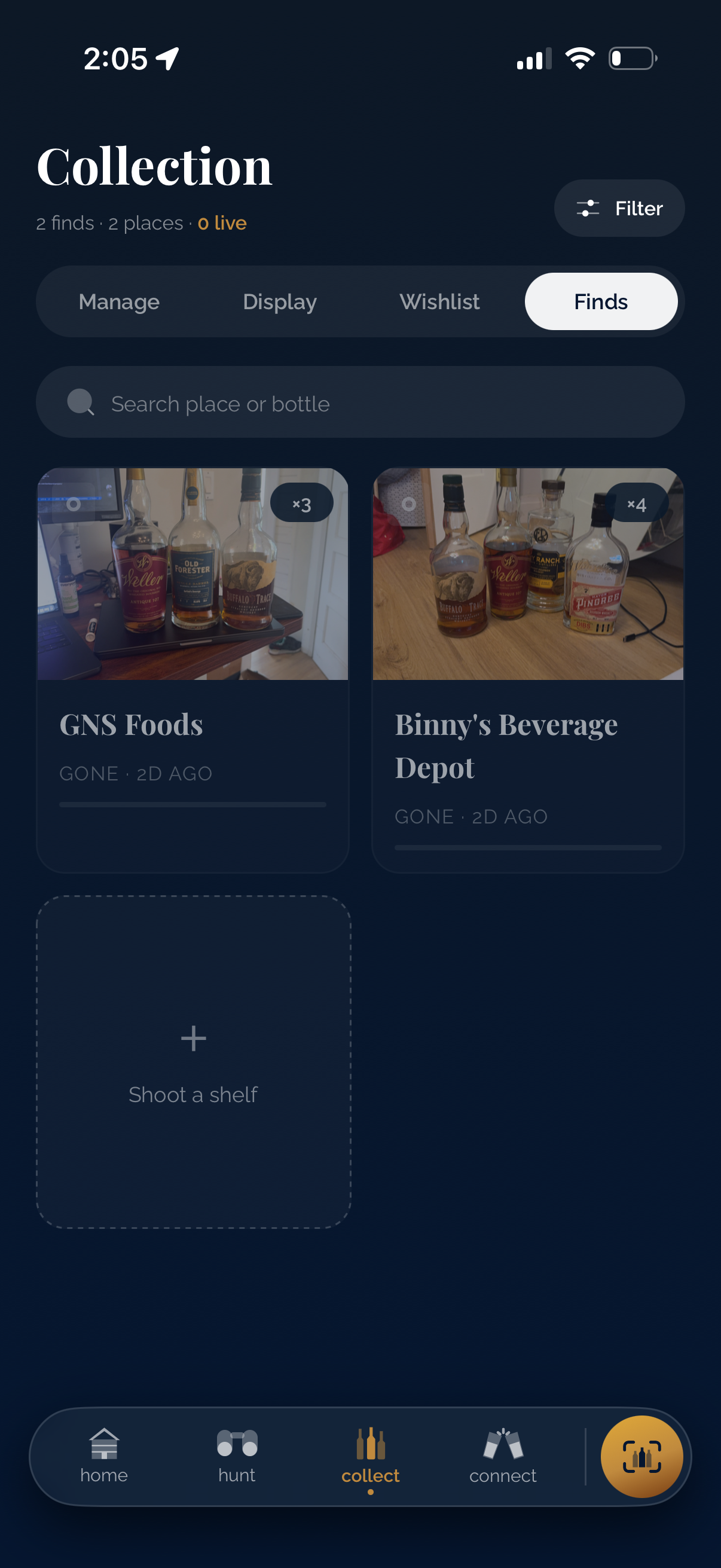 Finds tab with photographed store shelves