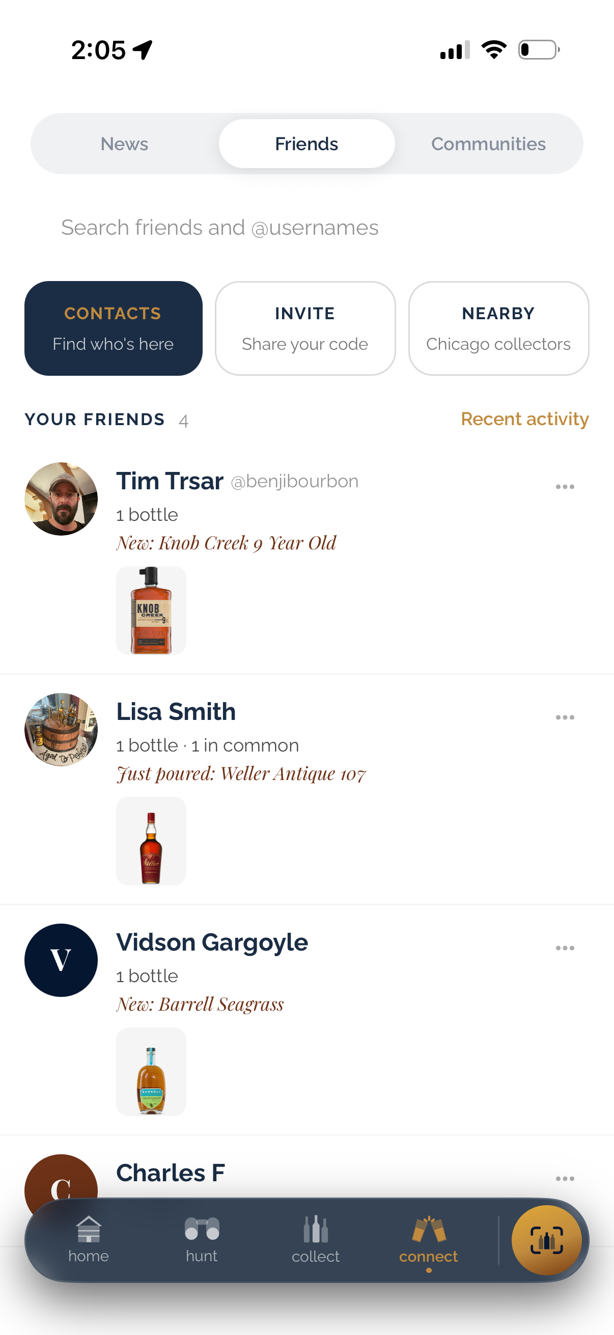 Friends list showing recent bottles and pours