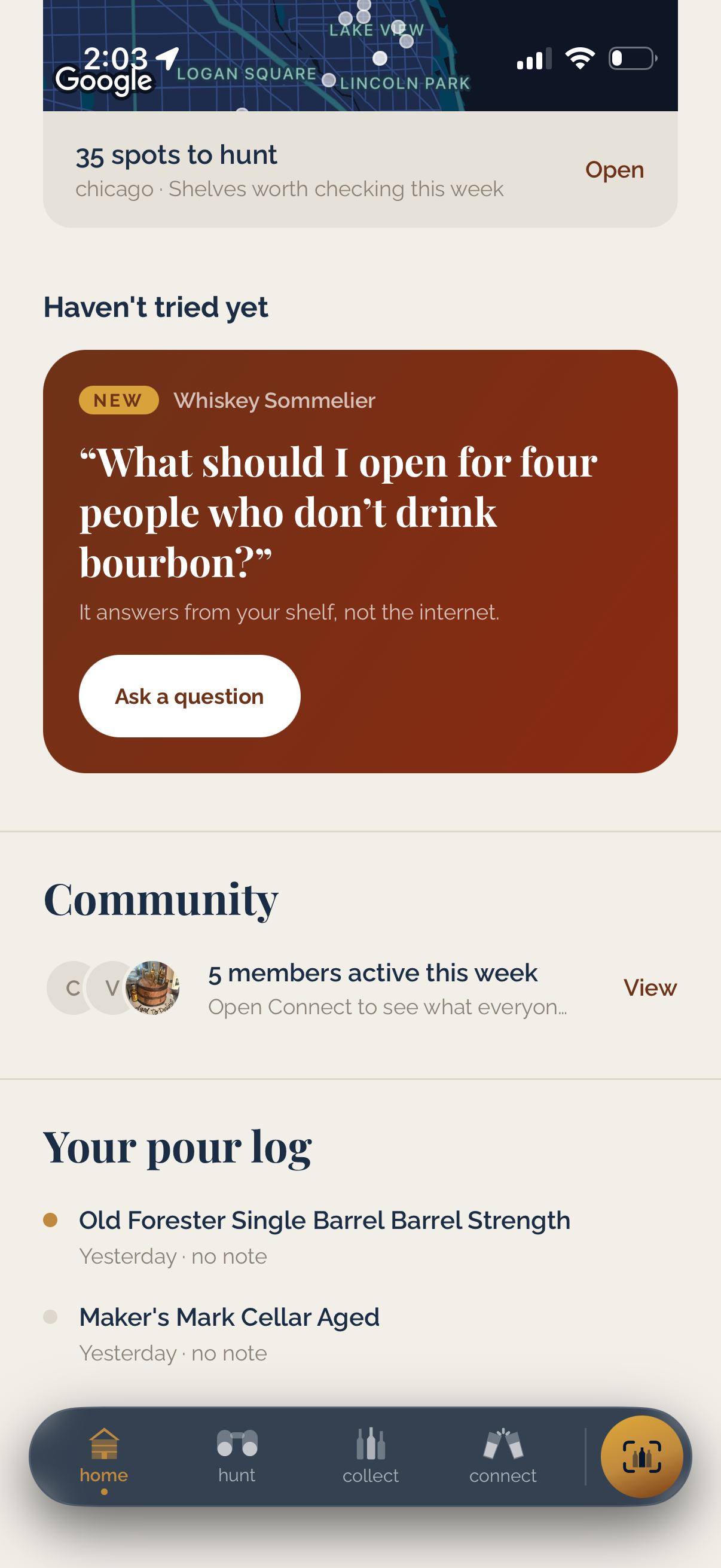 Home screen with the Whiskey Sommelier card and pour log