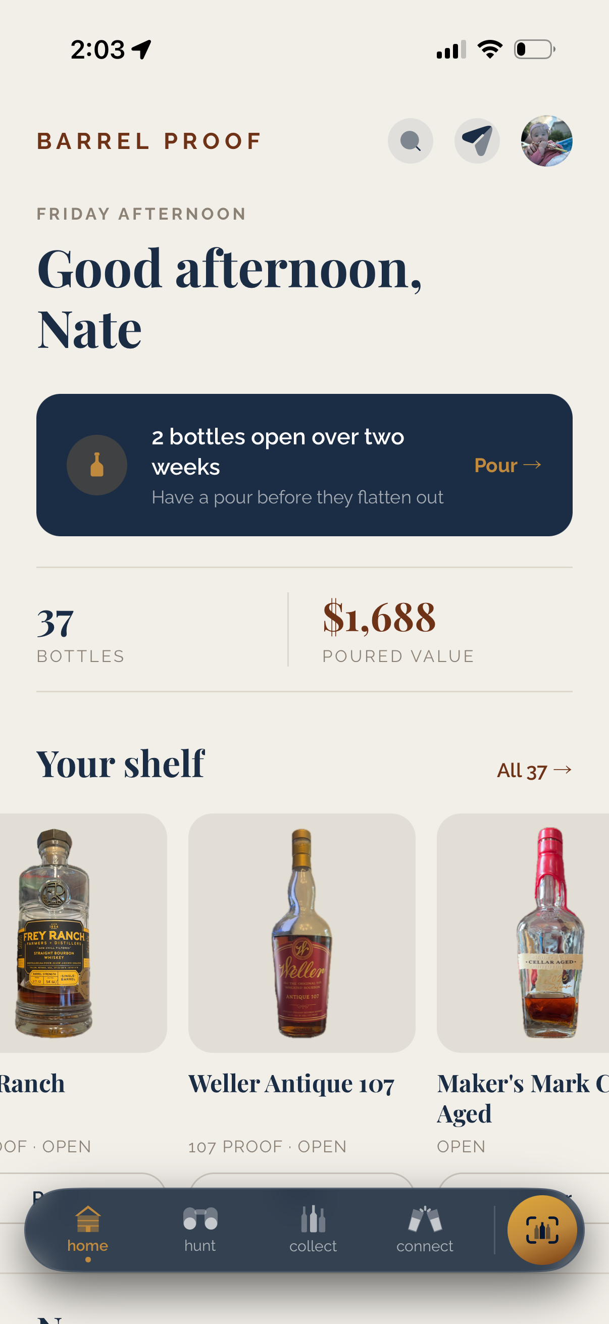 Barrel Proof home screen showing a collection of 37 bottles