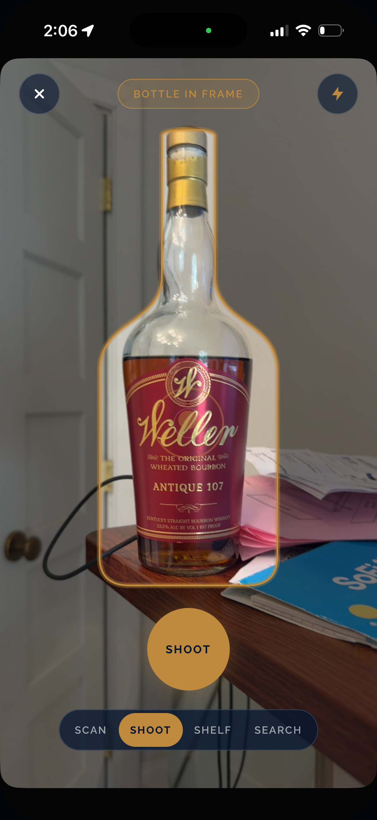 Camera view with a bottle detected in frame